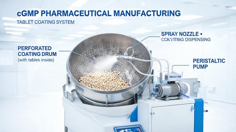 Pharmaceutical tablet coating pan machine with peristaltic pump for coating solution dispensing in cGMP facility