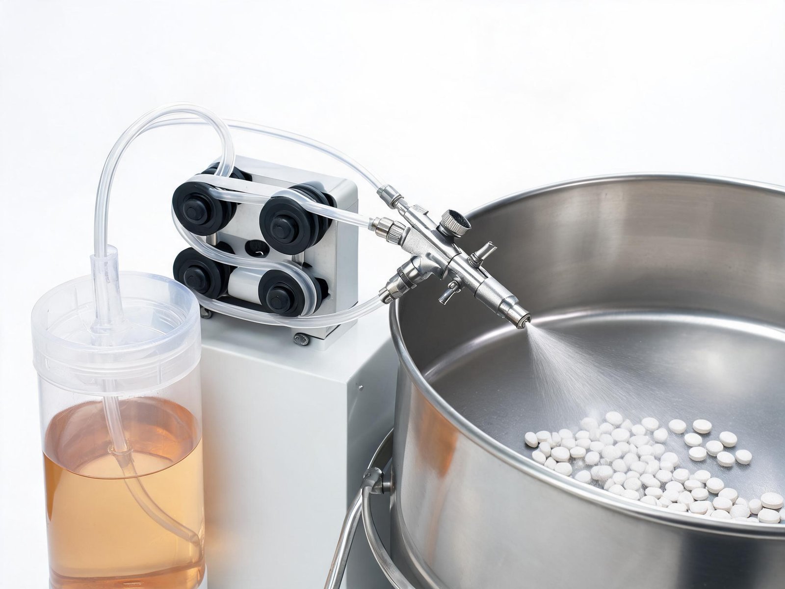 Peristaltic pump dispensing pharmaceutical coating solution through spray nozzle with atomizing air connection