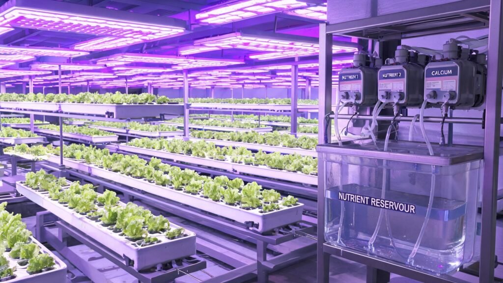 Commercial vertical hydroponic farm with multi-channel peristaltic nutrient dosing system dispensing NPK solution into reservoir tanks