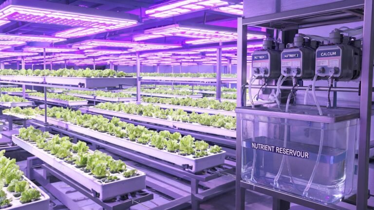 Commercial vertical hydroponic farm with multi-channel peristaltic nutrient dosing system dispensing NPK solution into reservoir tanks