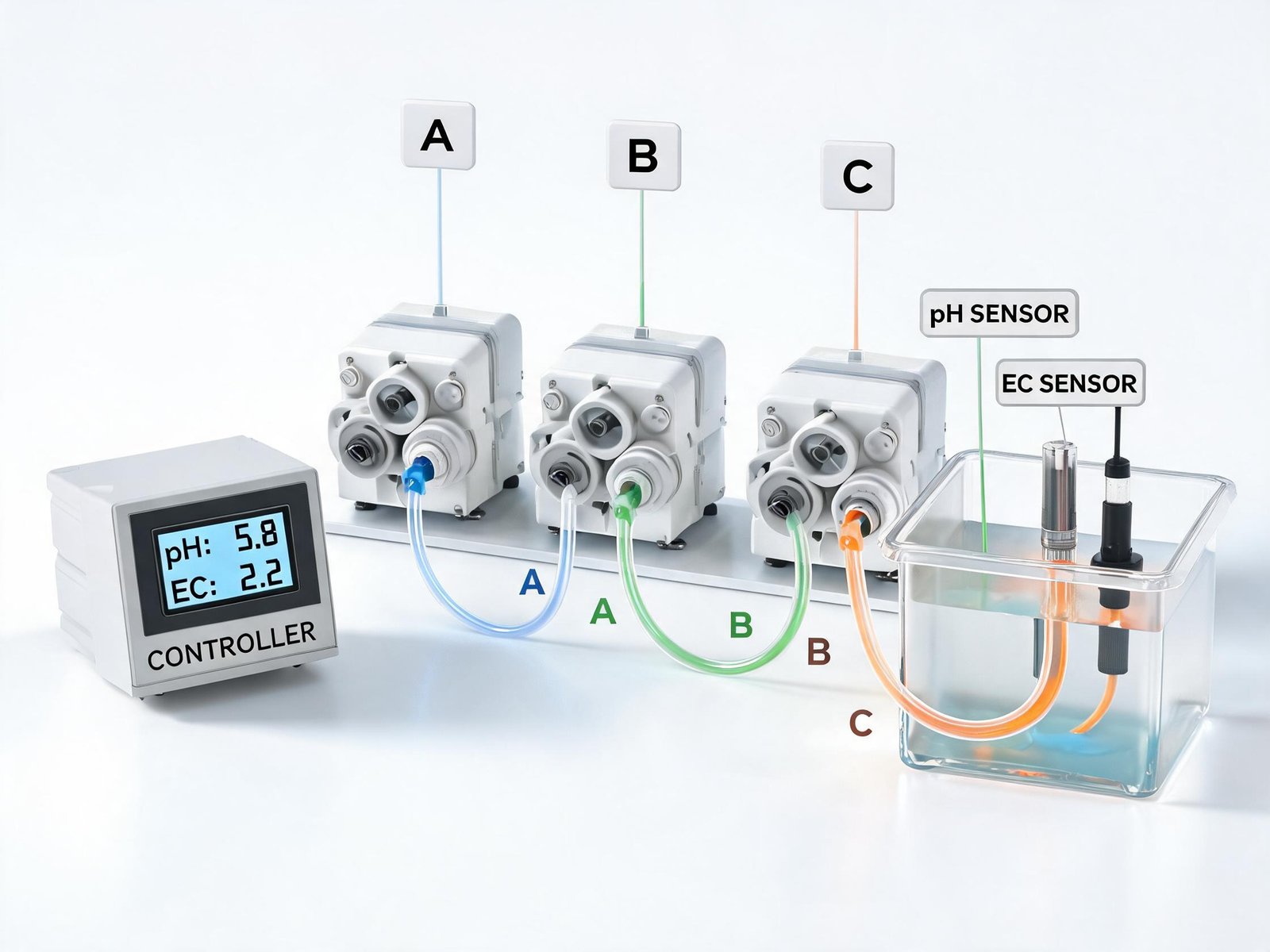 Multi-channel peristaltic dosing pump system with four independent pump heads dispensing nutrient solutions into separate reservoir lines