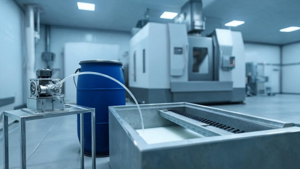 Peristaltic pump dosing metalworking fluid concentrate into a CNC machine coolant sump