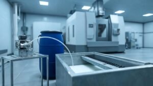 Peristaltic pump dosing metalworking fluid concentrate into a CNC machine coolant sump