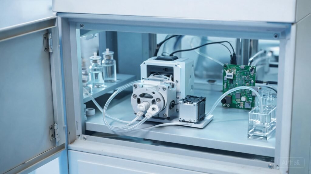 K15 micro peristaltic pump installed inside an online water quality analyzer with reagent vials