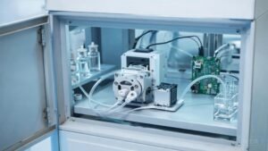 K15 micro peristaltic pump installed inside an online water quality analyzer with reagent vials