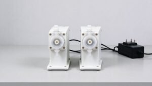 Two small peristaltic pumps next to a power supply on a bench