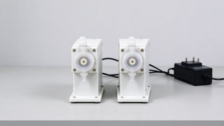 Two small peristaltic pumps next to a power supply on a bench