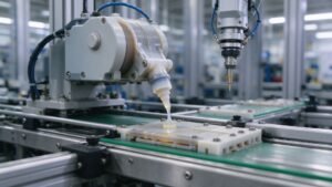 Peristaltic pump dispensing adhesive onto a manufacturing assembly line