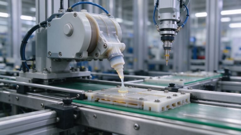 Peristaltic pump dispensing adhesive onto a manufacturing assembly line