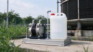 A dosing skid with a peristaltic pump beside an industrial cooling tower