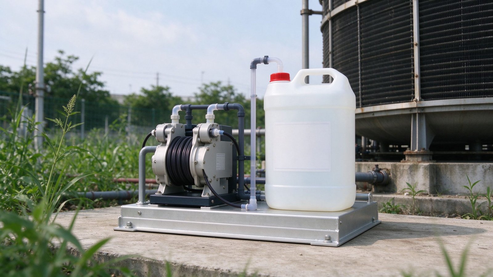 A dosing skid with a peristaltic pump next to an industrial cooling tower