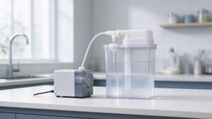 A small peristaltic pump dosing liquid into a detergent dispenser
