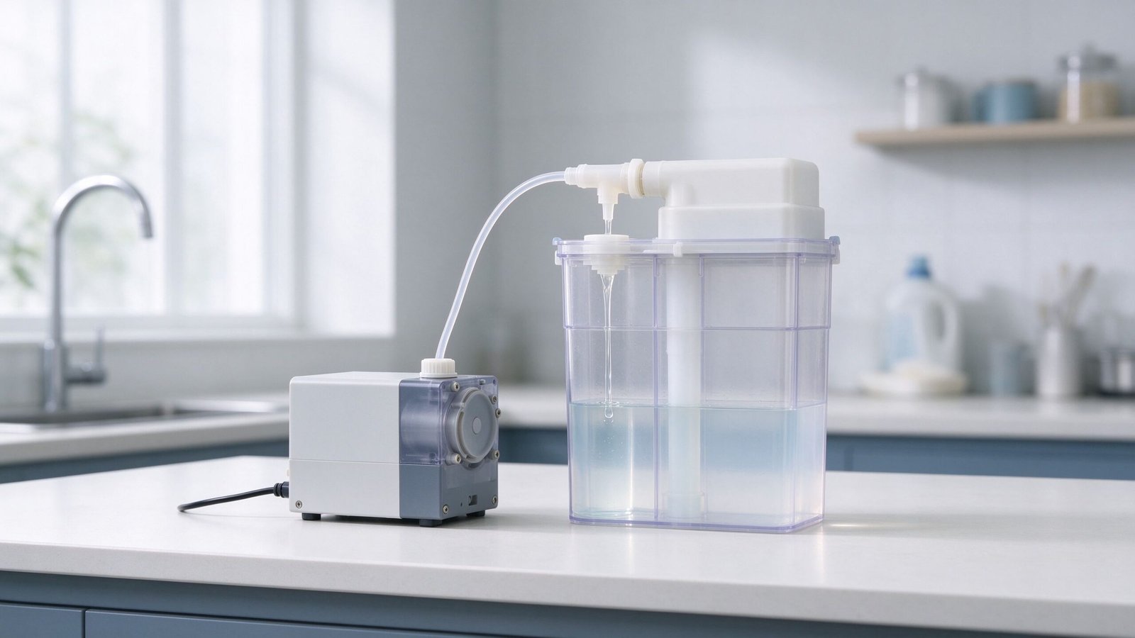 A small peristaltic pump dosing liquid detergent into a appliance dispenser