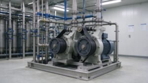 A peristaltic pump running continuously on a 24/7 process skid