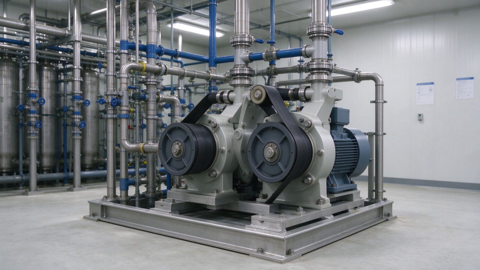 A peristaltic pump running continuously on a 24/7 process skid in a plant room