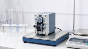 Peristaltic pump on a calibration bench with graduated cylinders measuring dispensed volume