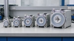 A row of peristaltic pump heads of different sizes on an engineering bench