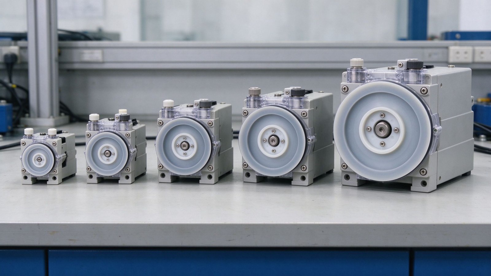 A row of peristaltic pump heads of different sizes on an engineering bench