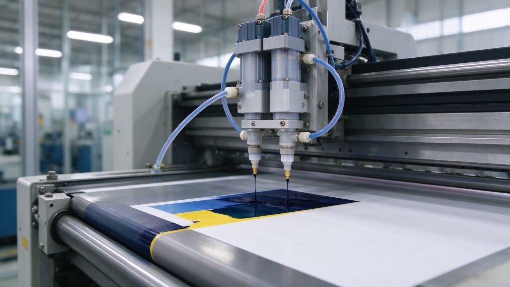 Peristaltic dosing pump metering ink into a printing and coating system