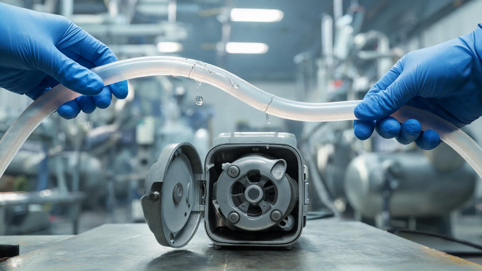 Maintenance technician inspecting a peristaltic pump head for fluid leaks