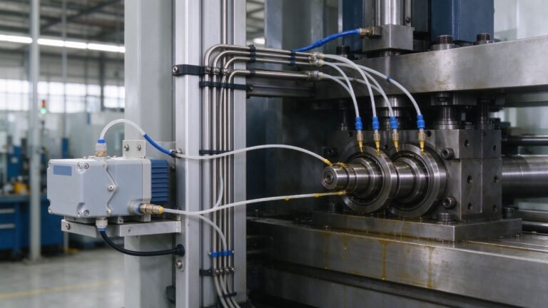 A peristaltic pump feeding lubrication lines to machine bearings