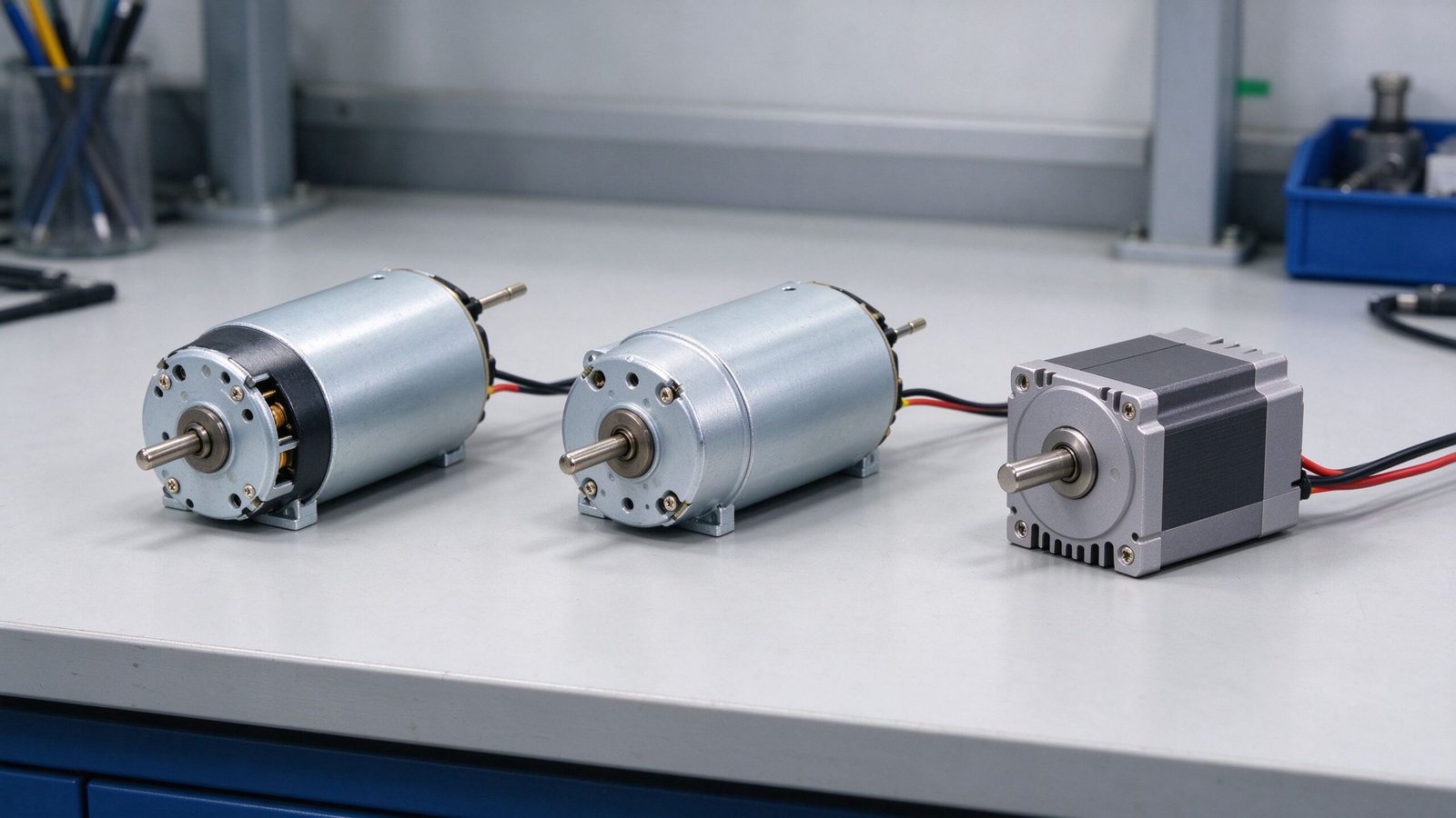 Three small DC motors and a stepper motor laid out on an engineering bench
