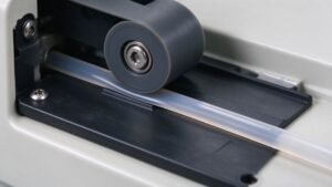 A roller pressing a flexible tube flat against a peristaltic pump bed