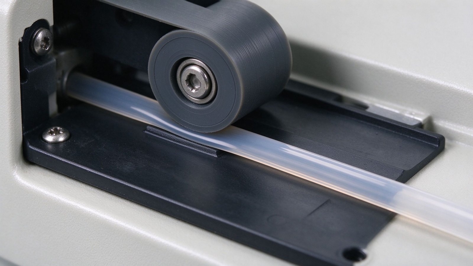 Close-up of a roller pressing a flexible tube against a pump bed