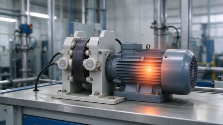 A peristaltic pump and motor running on an equipment bench