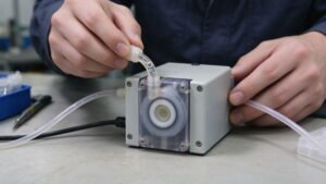 A peristaltic pump with a clear intake tube showing trapped air bubbles