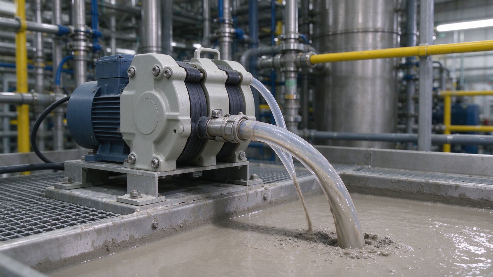 A peristaltic pump dosing a cloudy abrasive slurry through clear tubing on a process skid