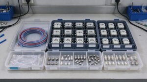 A neatly organized spare parts kit of peristaltic pump tubes, rollers, and fittings