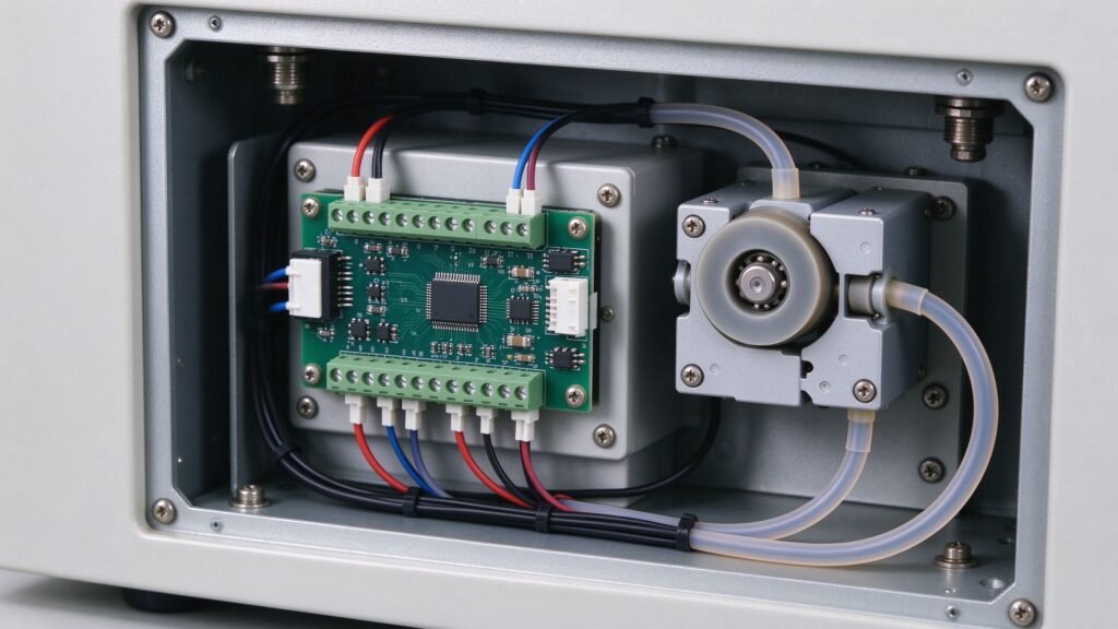 Peristaltic pump driver board mounted inside an OEM instrument with control wiring