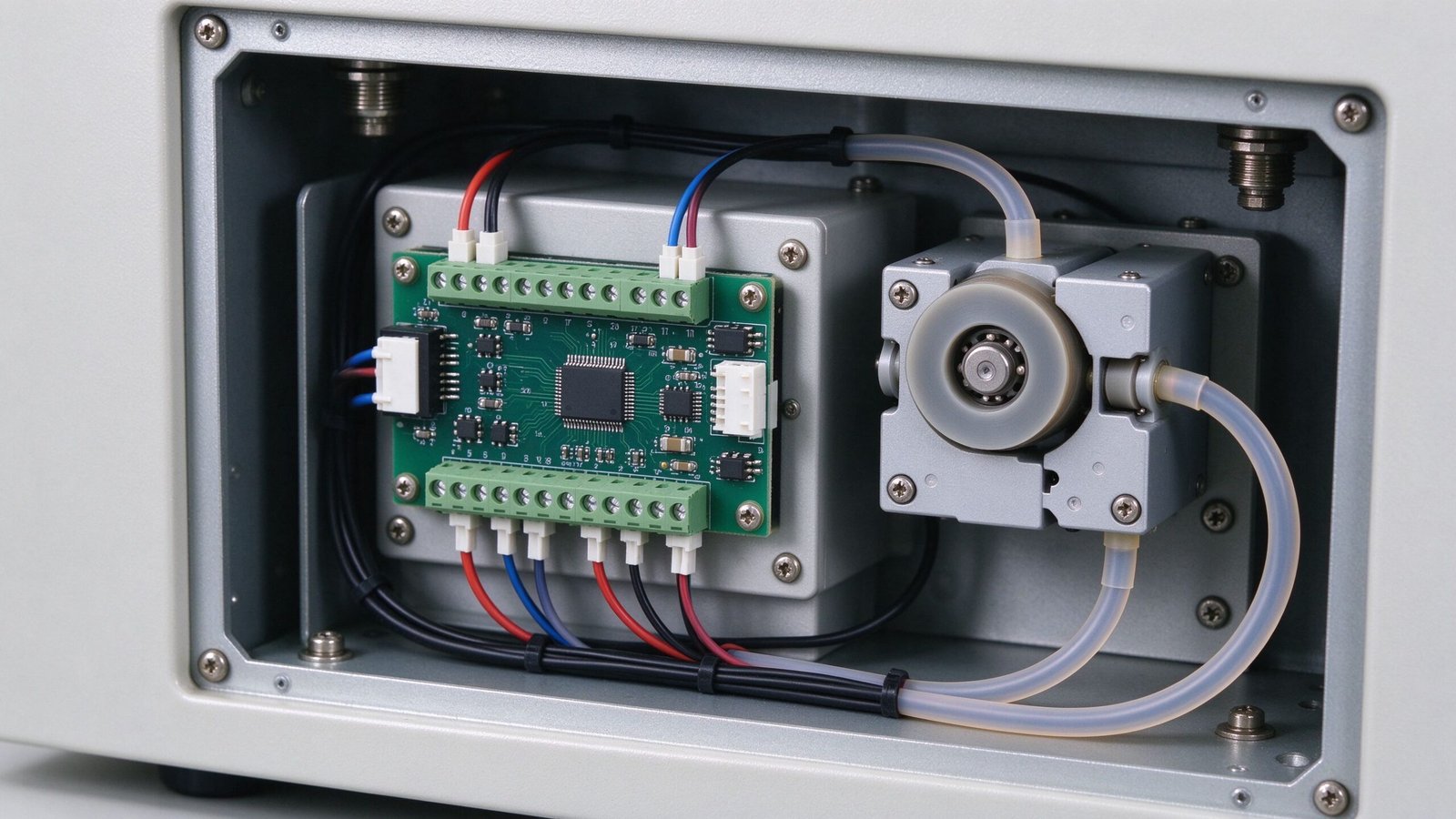Peristaltic pump driver board mounted on an OEM instrument with control wiring