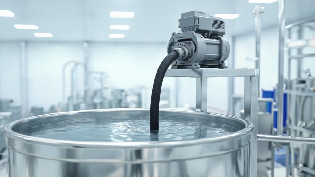 Peristaltic pump installed above a process tank illustrating suction lift conditions