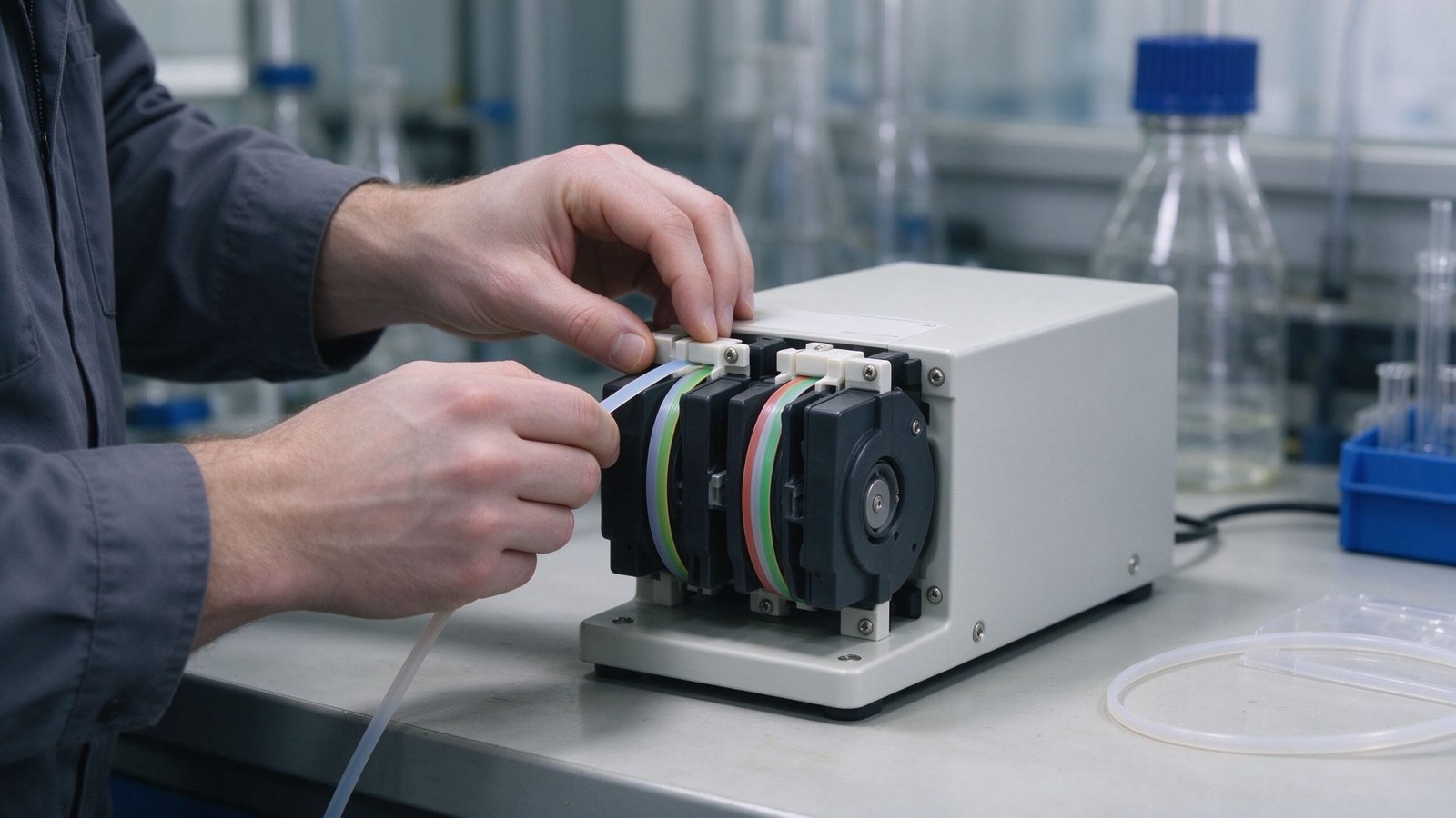 A technician replacing tubing on a peristaltic pump head on a workbench