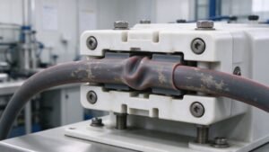 Close-up of a worn peristaltic pump tube in a pump head showing compression marks