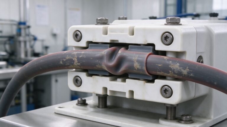 Close-up of a worn peristaltic pump tube in a pump head showing compression marks