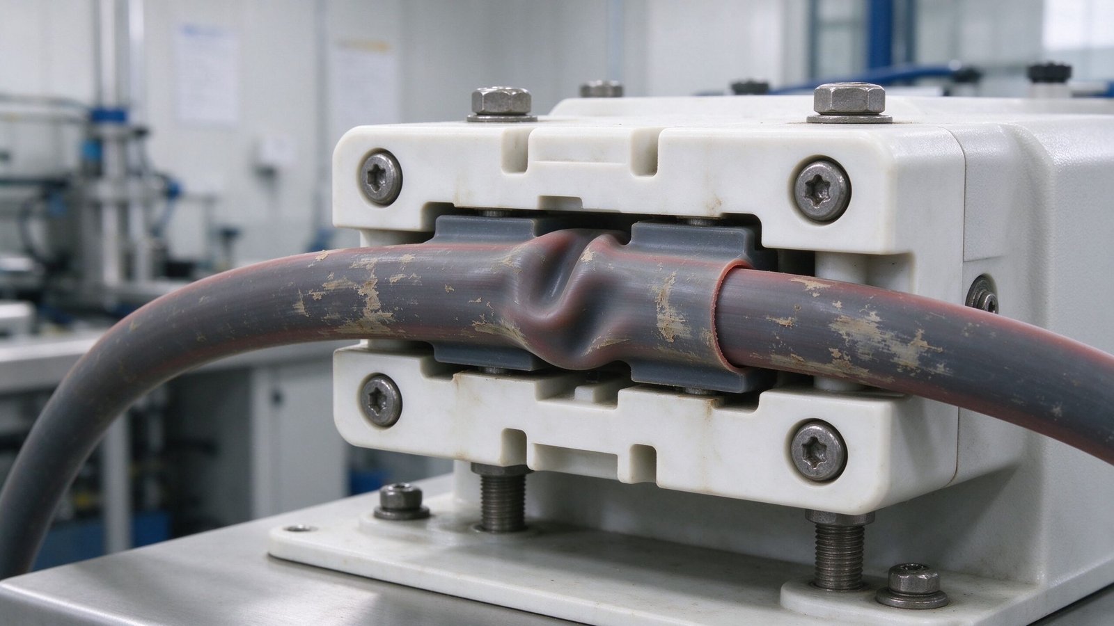 Close-up of a worn peristaltic pump tube in a pump head showing compression marks