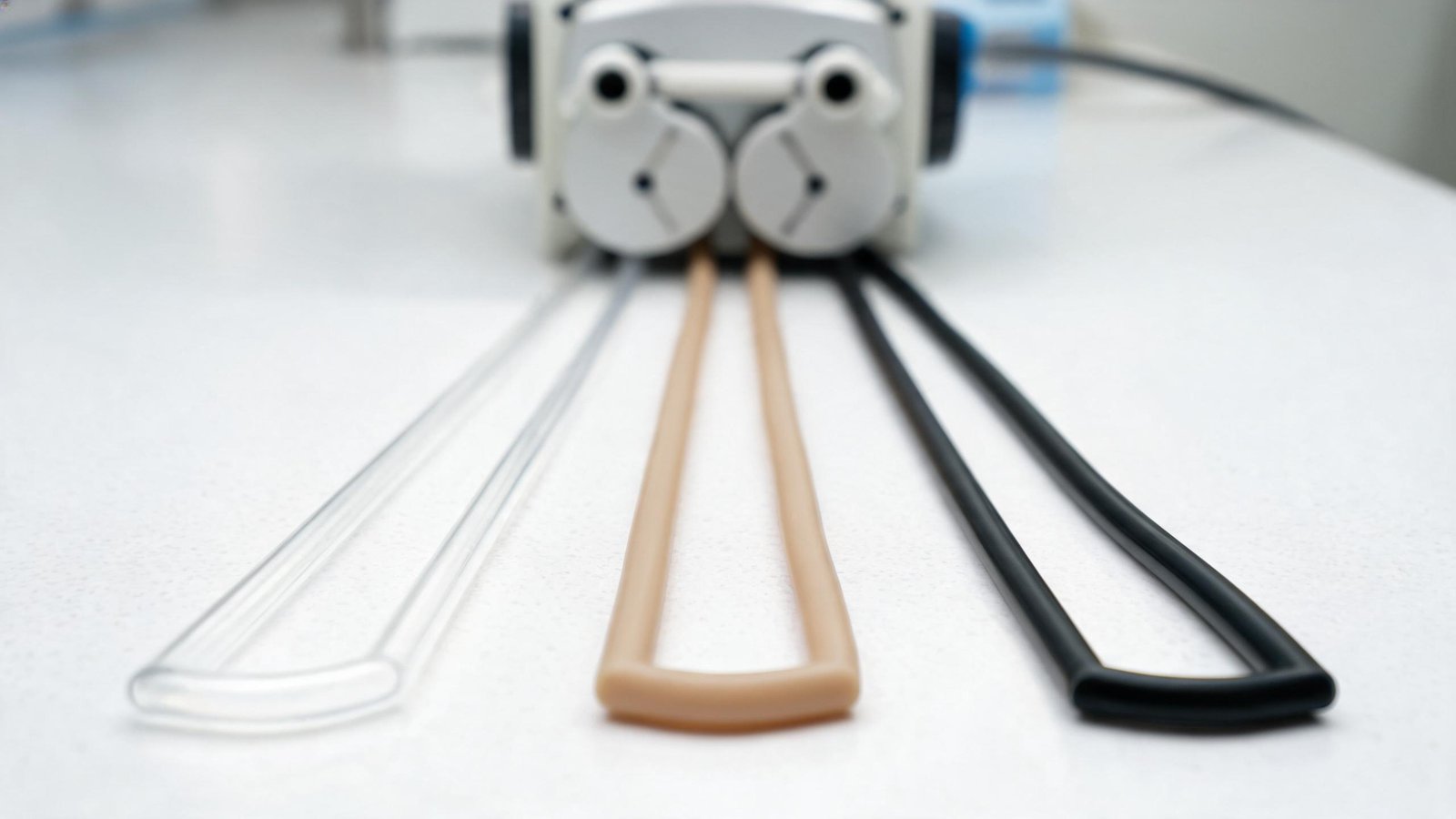 Three peristaltic pump tubing material samples in silicone, PharMed BPT and Viton