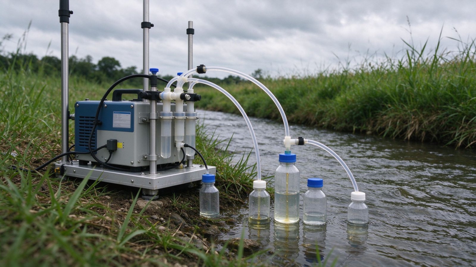 Automatic water quality sampler with peristaltic pump drawing sample through tubing