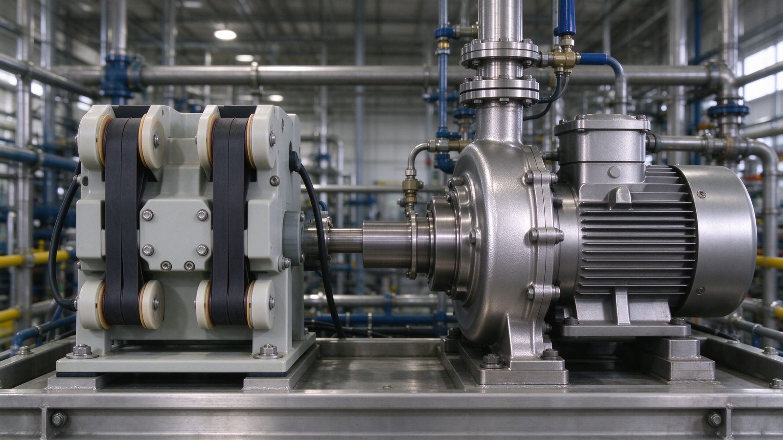 A peristaltic pump on the left beside a centrifugal pump on the right on a process skid