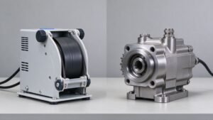 Side by side comparison of a peristaltic pump and a gear pump on an engineering bench