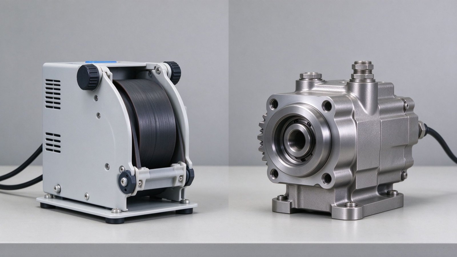 Side by side comparison of a peristaltic pump and a gear pump on an engineering bench