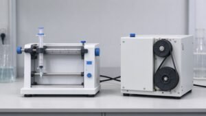 Side by side of a syringe pump and a peristaltic pump on a lab bench