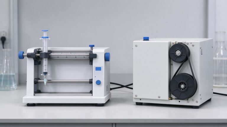 Side by side of a syringe pump and a peristaltic pump on a lab bench