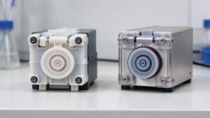 A plastic peristaltic pump head beside a stainless steel pump head