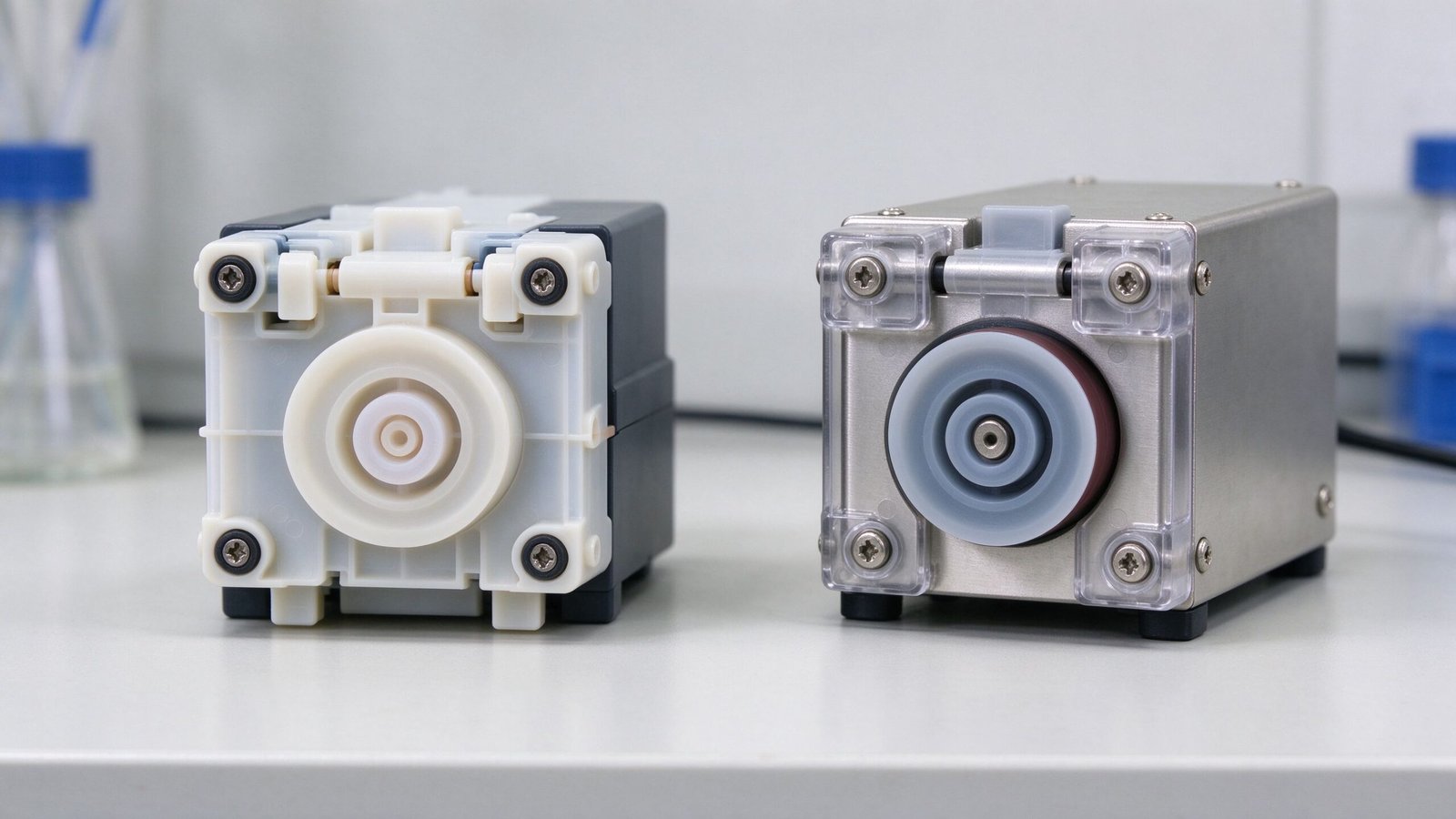 A plastic peristaltic pump head beside a stainless steel pump head on a bench