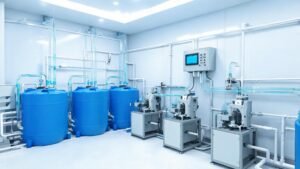 Commercial swimming pool plant room with automated chemical dosing equipment