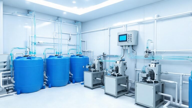 Commercial swimming pool plant room with automated chemical dosing equipment